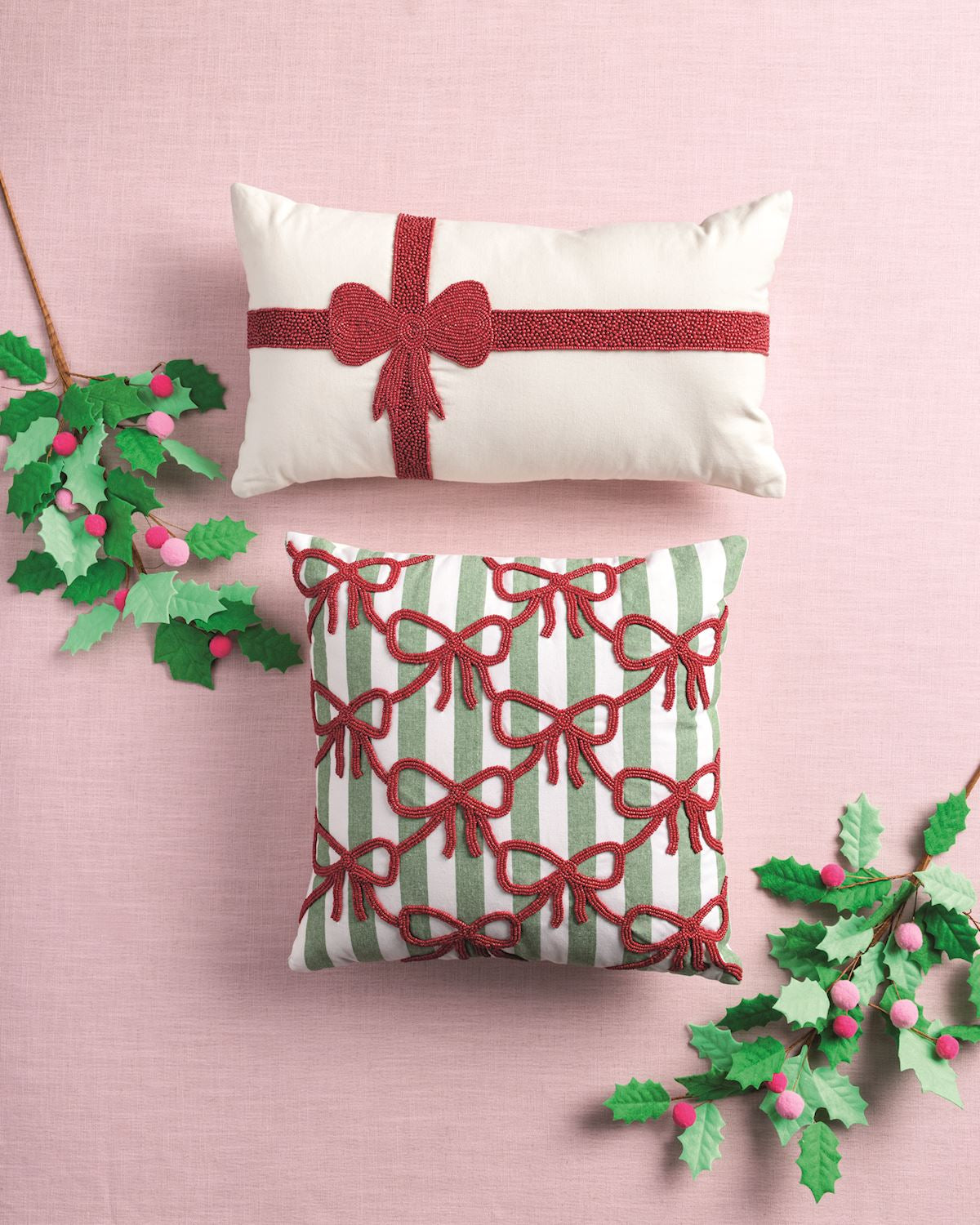 Mud Pie Square Christmas Bow Beaded Pillow