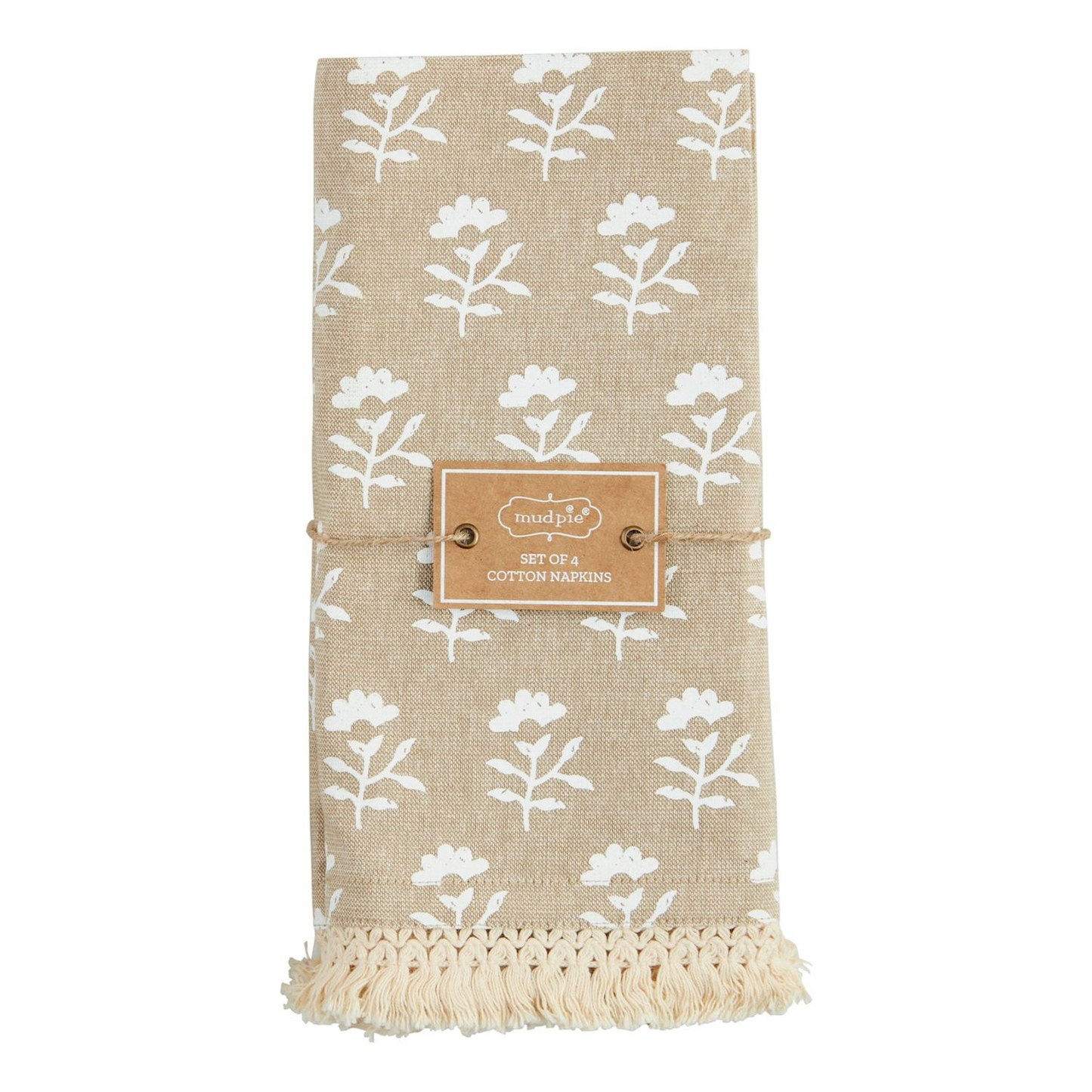 MUD PIE FRINGE TAUPE BLOCK PRINT CLOTH NAPKIN SET