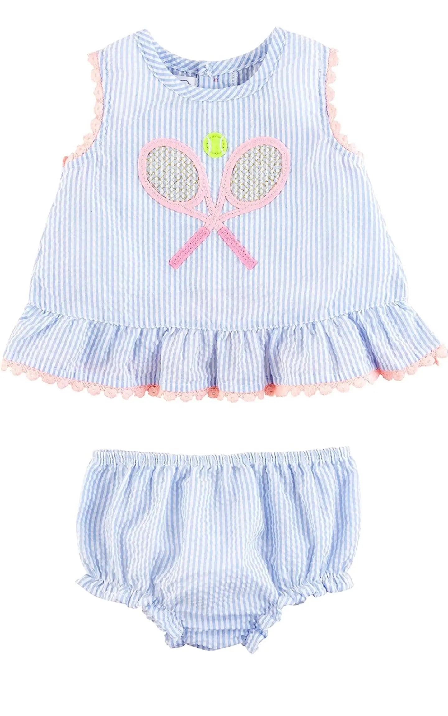 MUDPIE TENNIS SEER SUCKER PINAFORE 3-6 MONTHS