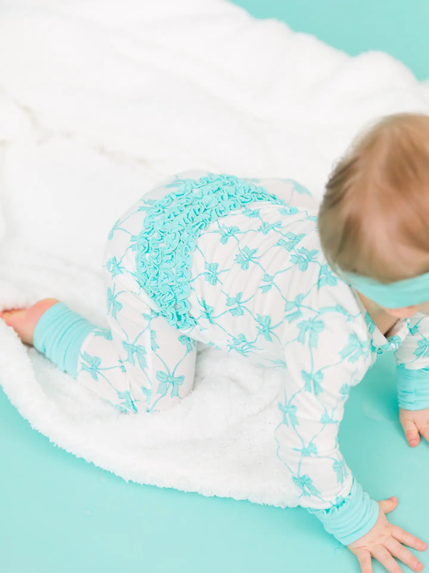 Rufflebutts Baby Girls Teal Bows Bamboo Convertible Ruffle One Piece Footie Pajama