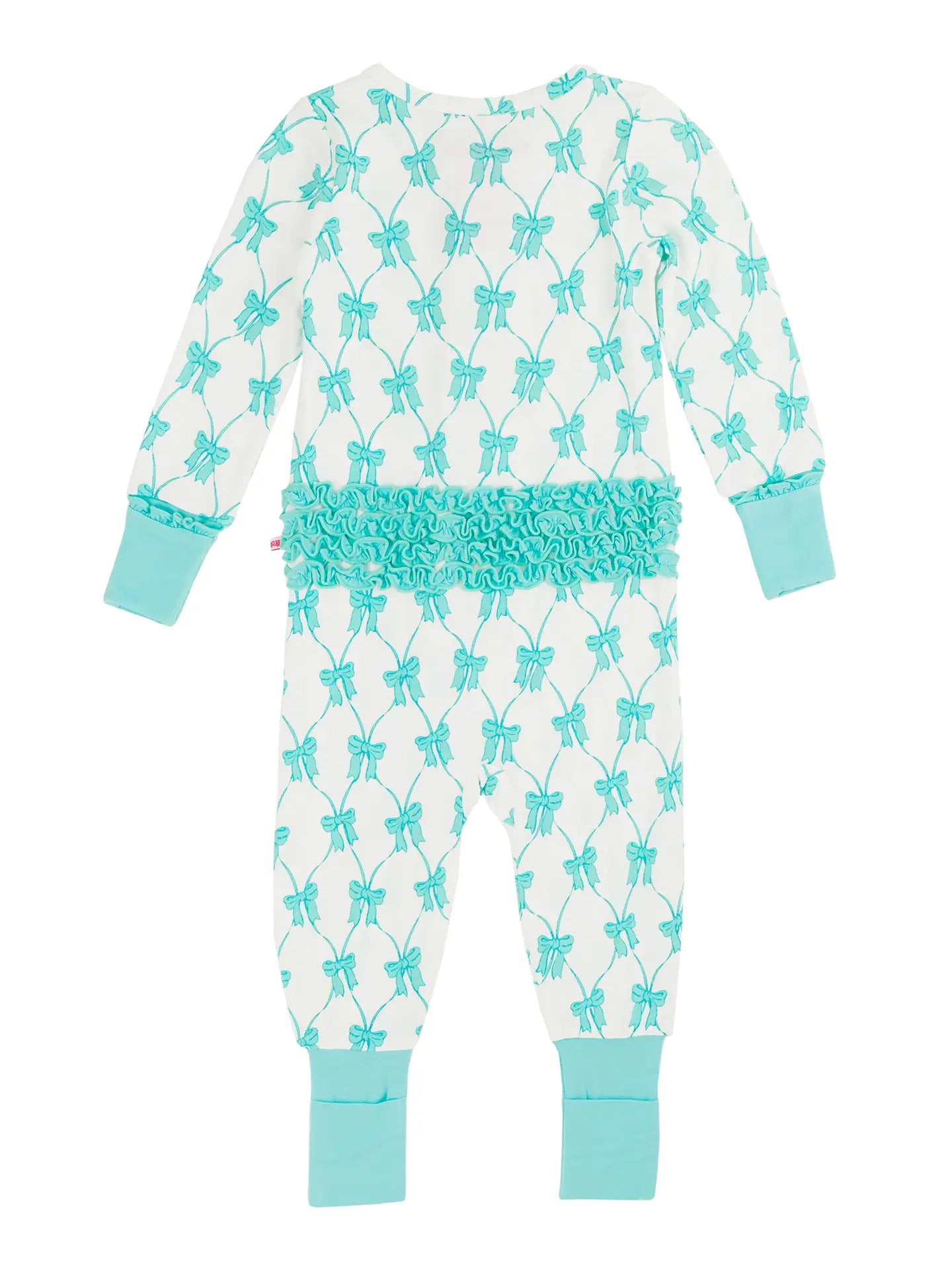 Rufflebutts Baby Girls Teal Bows Bamboo Convertible Ruffle One Piece Footie Pajama