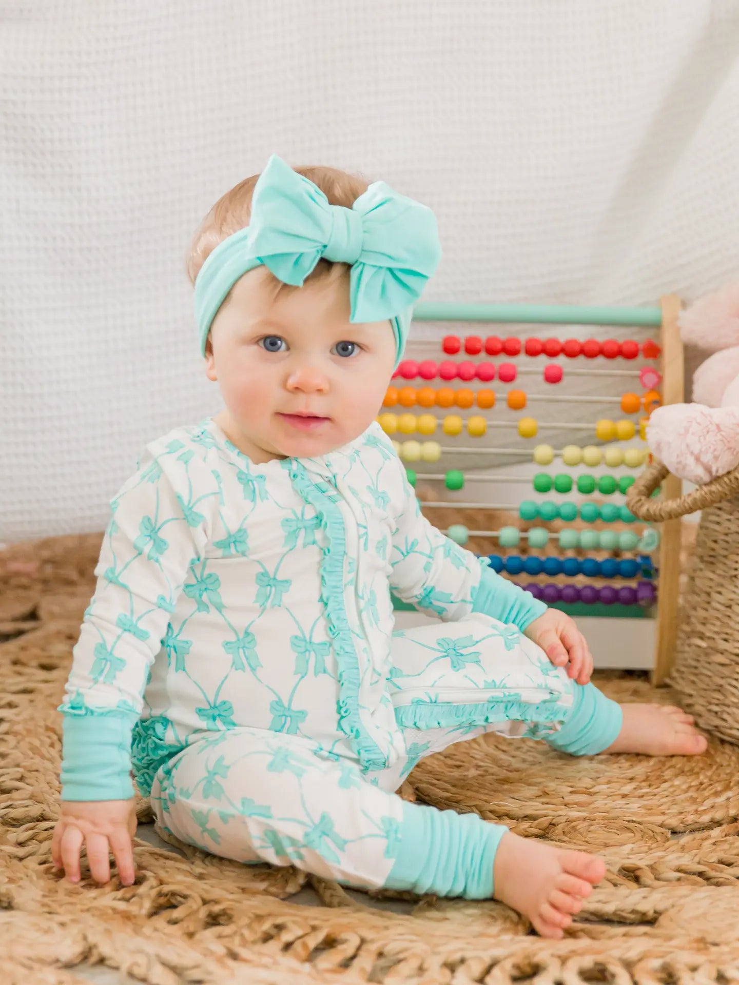 Rufflebutts Baby Girls Teal Bows Bamboo Convertible Ruffle One Piece Footie Pajama