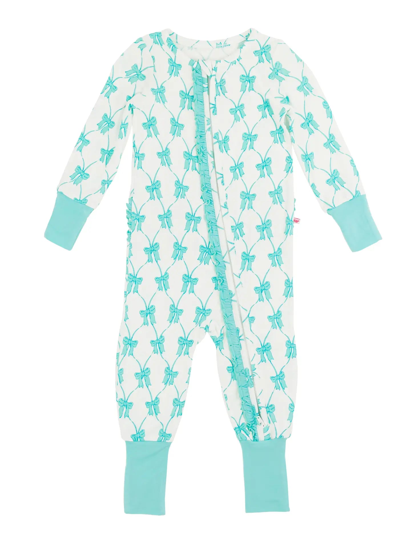Rufflebutts Baby Girls Teal Bows Bamboo Convertible Ruffle One Piece Footie Pajama
