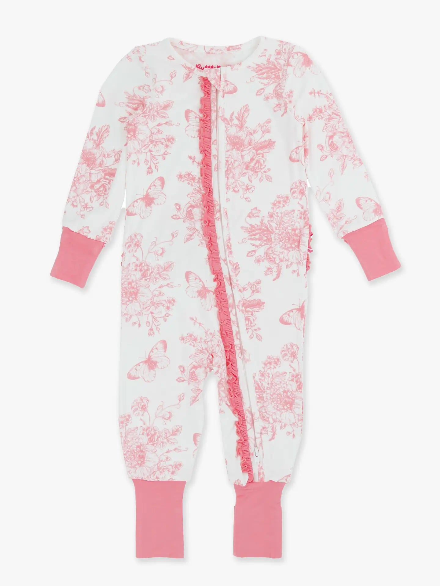 Rufflebutts Bubblegum Pink Butterfly Toile Bamboo Convertible Ruffle Footie Pajama