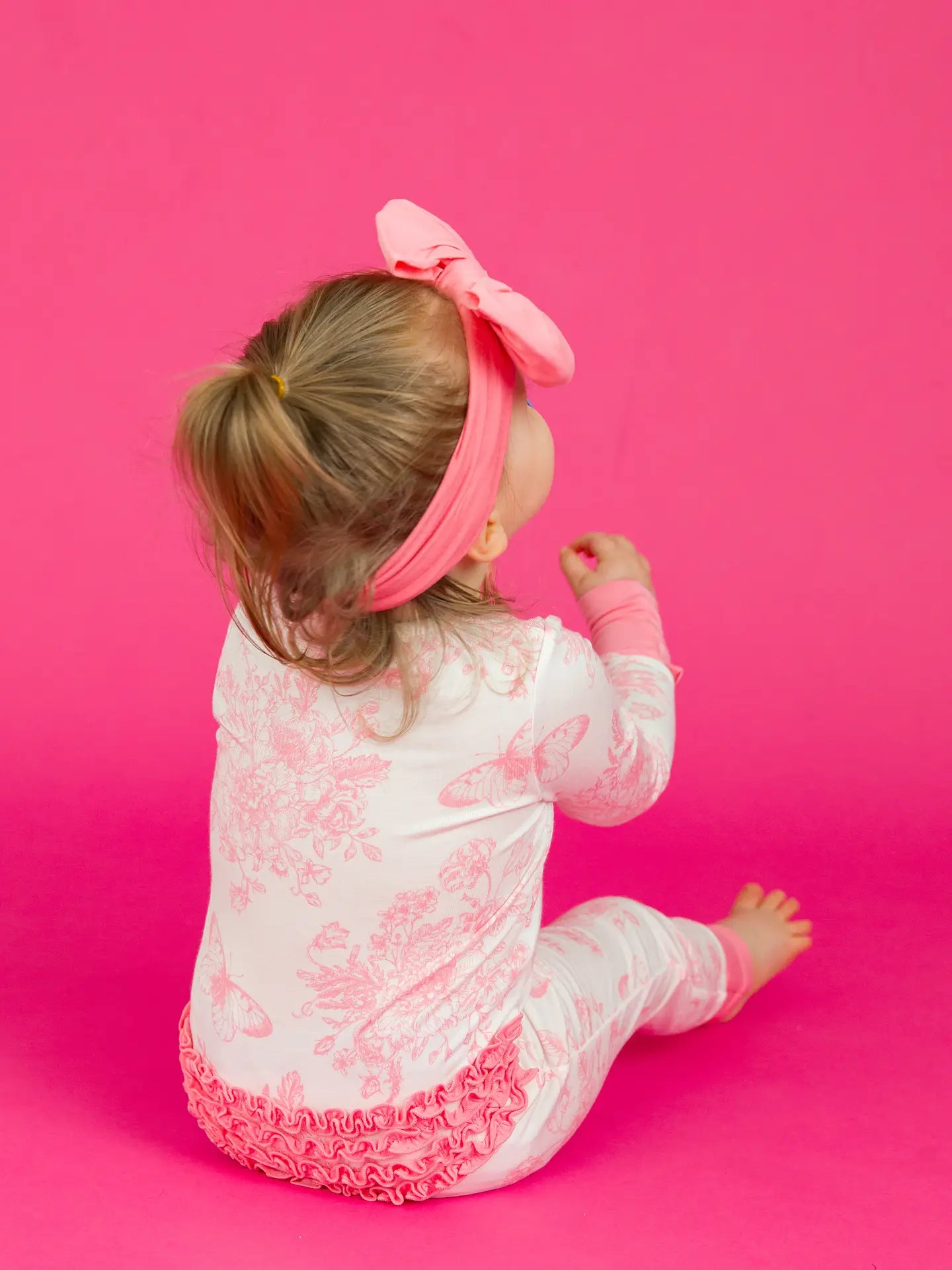 Rufflebutts Bubblegum Pink Butterfly Toile Bamboo Convertible Ruffle Footie Pajama