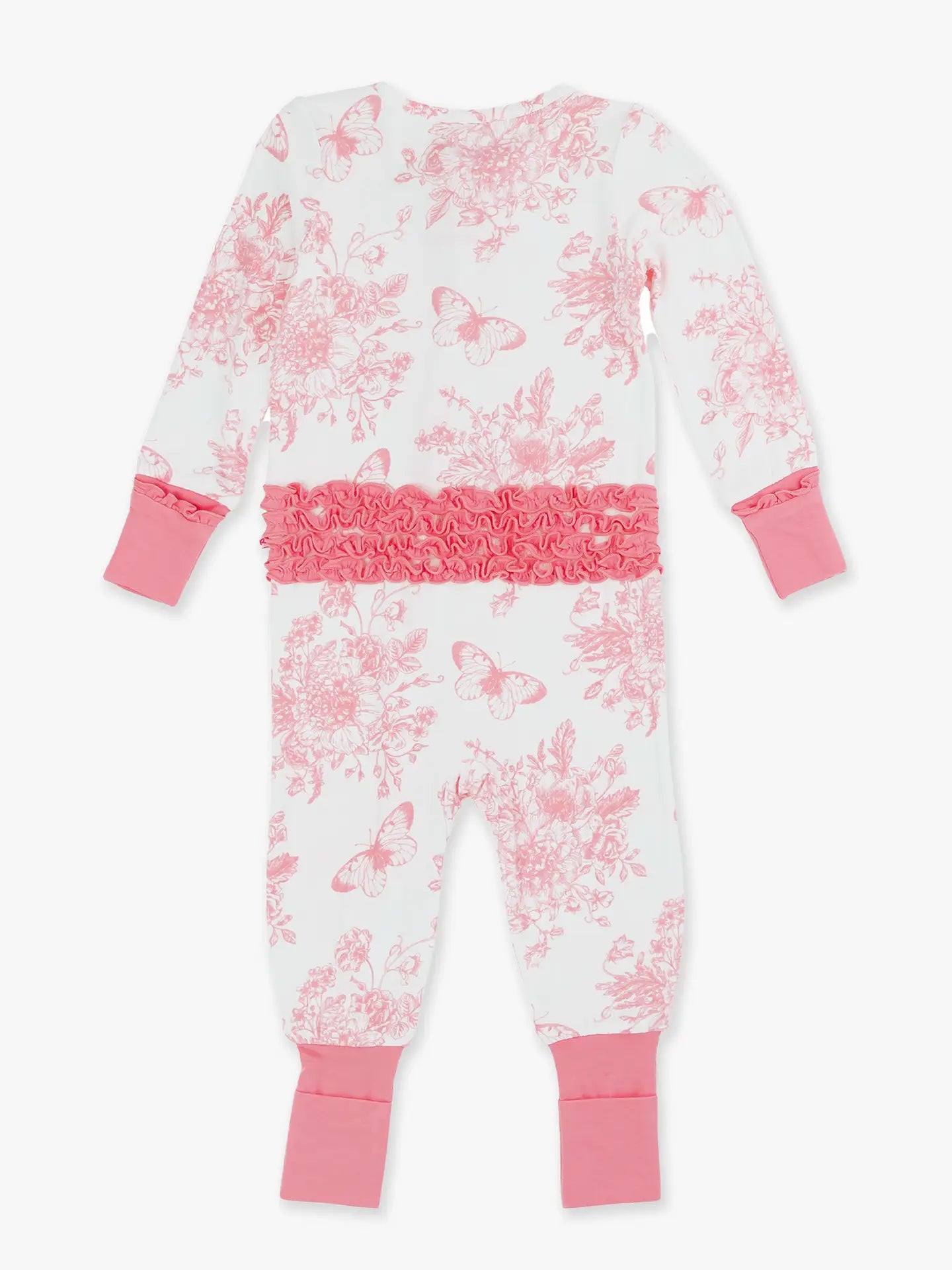 Rufflebutts Bubblegum Pink Butterfly Toile Bamboo Convertible Ruffle Footie Pajama