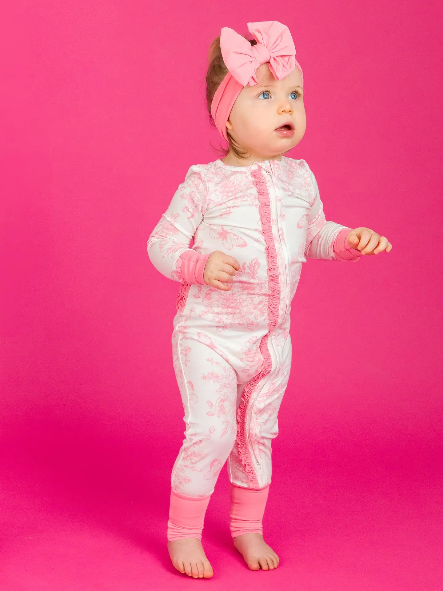 Rufflebutts Bubblegum Pink Butterfly Toile Bamboo Convertible Ruffle Footie Pajama