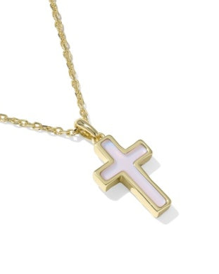 CROSS PENDANT NECKLACE GOLD MATTE BLUSH PINK DICHROIC GLASS