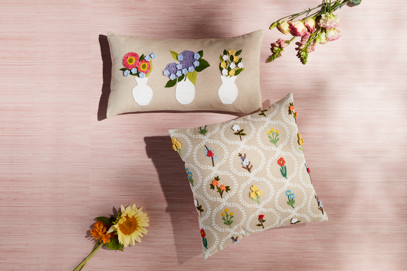 Lumbar Flower Vase Embroidered Pillow