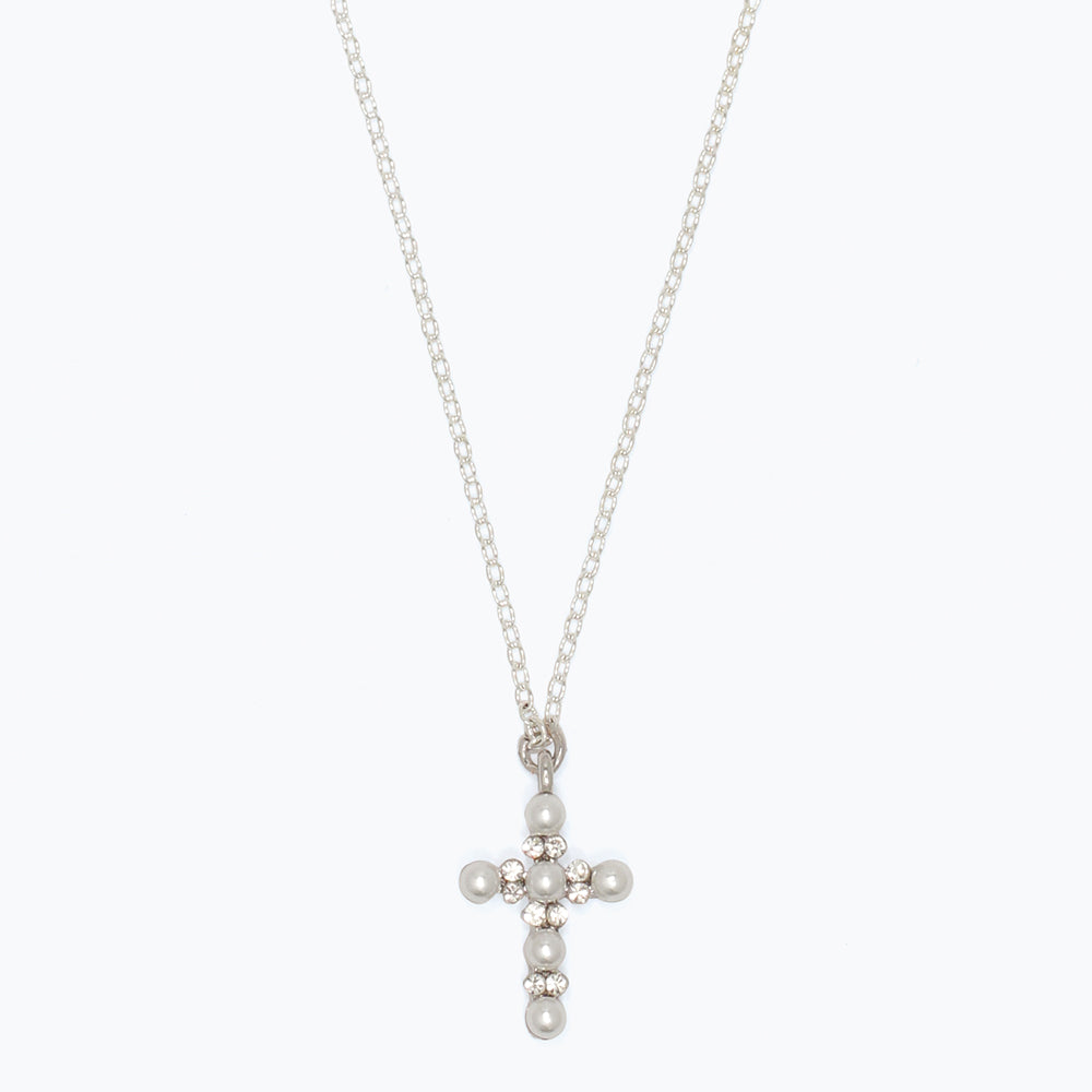 Periwinkle Necklace Silver Cross with Pearls and Crystals
