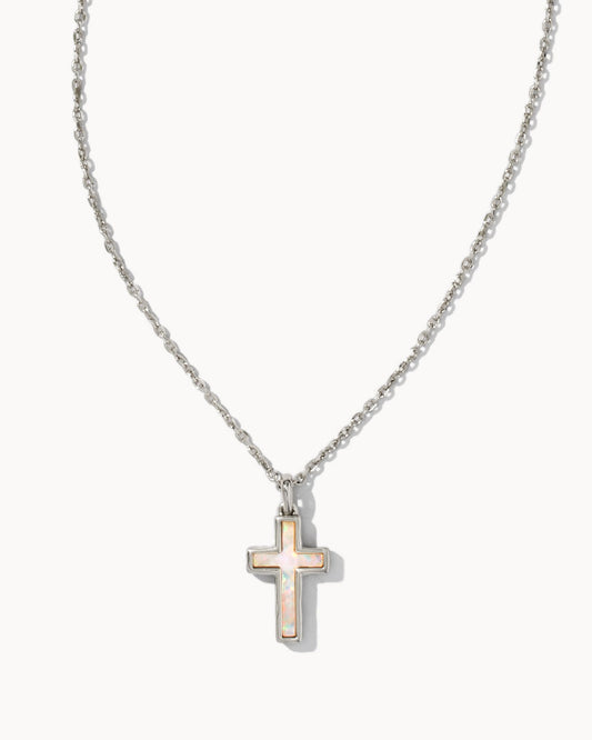 KENDRA SCOTT CROSS PENDANT NECKLACE RHODIUM WHITE OPAL