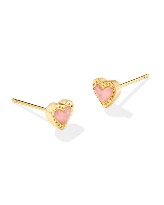 KENDRA SCOTT MINI ARI HEART STUD EARRINGS GOLD ROSE QUARTZ