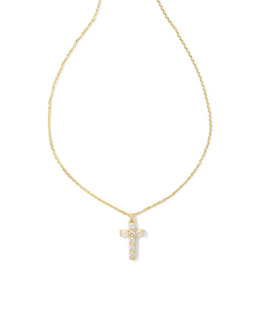 KENDRA SCOTT GRACIE CROSS SHORT PENDANT NECKLACE GOLD WHITE CRYSTAL