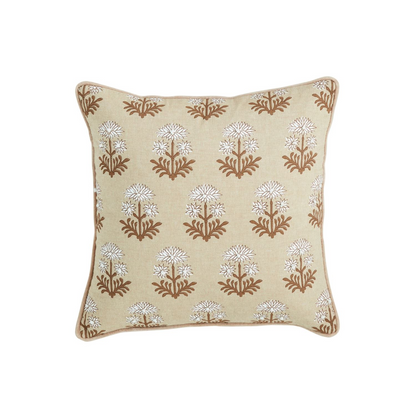 MUD PIE FLOWER BULB TAUPE BLOCK PRINT PILLOW