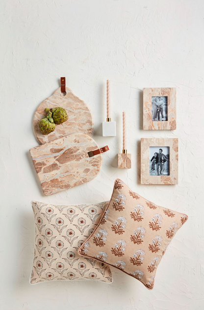 MUD PIE FLOWER BULB TAUPE BLOCK PRINT PILLOW