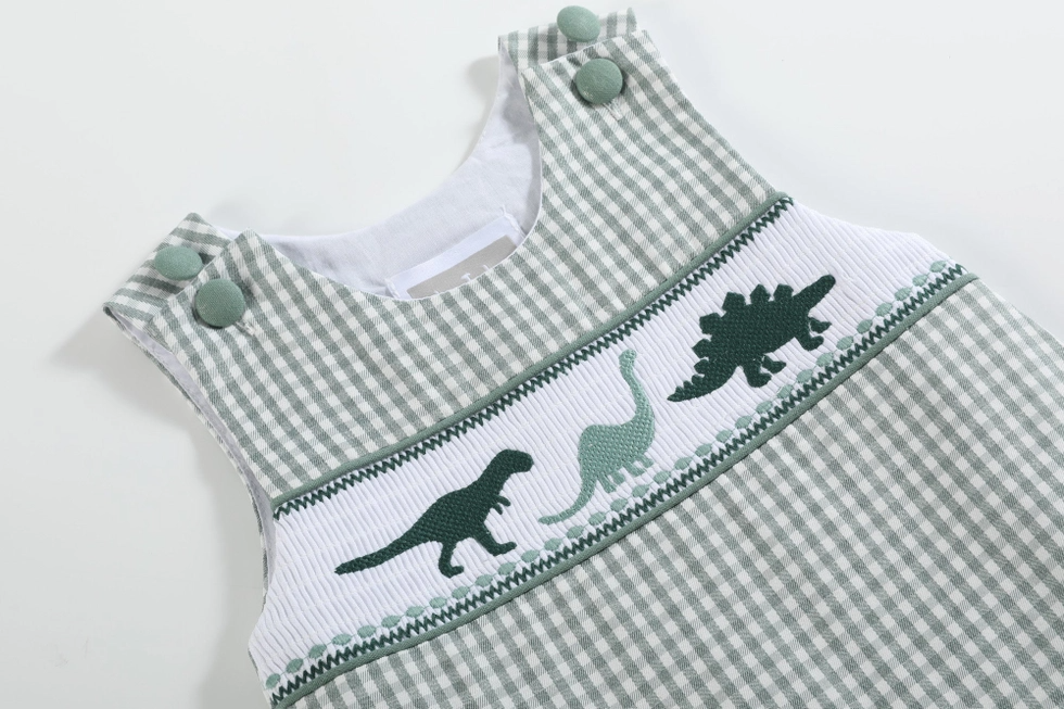 GREEN GINGHAM DINOSAUR SHORTALLS