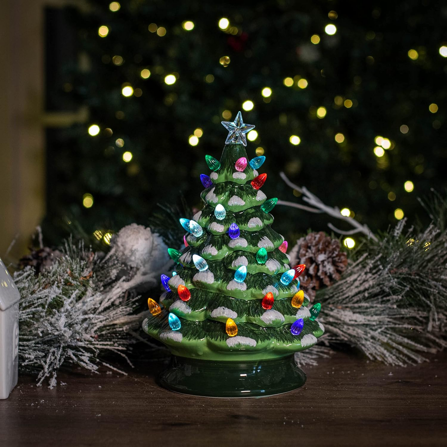 RAZ 10" VINTAGE SNOWY GREEN LIGHTED TREE WITH TIMER