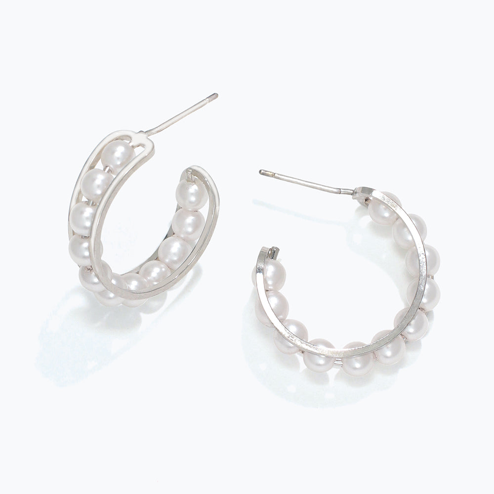 PERIWINKLE SILVER HOOPS PEARLS EARRINGS