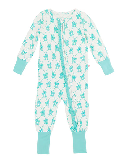 Rufflebutts Baby Girls Teal Bows Bamboo Convertible Ruffle One Piece Footie Pajama