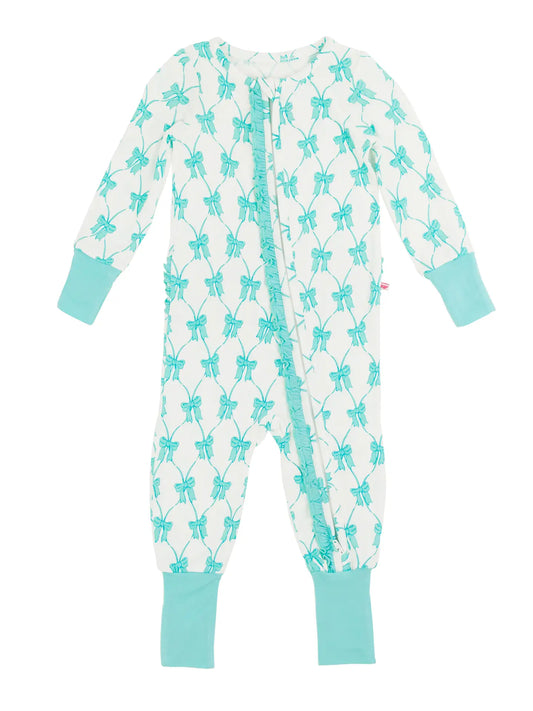 Rufflebutts Baby Girls Teal Bows Bamboo Convertible Ruffle One Piece Footie Pajama