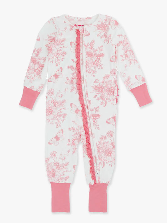 Rufflebutts Bubblegum Pink Butterfly Toile Bamboo Convertible Ruffle Footie Pajama