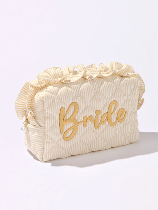 Shiraleah Beige Ruffle “Bride” Large Zip Pouch
