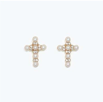 Periwinkle Gold Cross With Pearls earrings