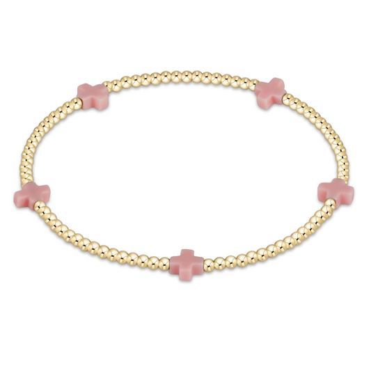 SIGNATURE CROSS SMALL GOLD PATTERN 2MM BEAD BRACELET PINK