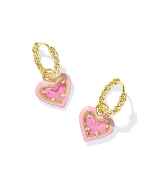 KENDRA SCOTT ARI HEART ENAMEL FRAME HUGGIE EARRINGS GOLD PINK IRIDESCENT GLITTER GLASS