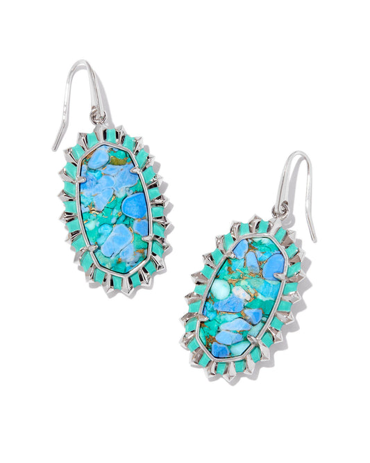 KENDRA SCOTT DANI COLOR BURST FRAME DROP EARRINGS SILVER BRONZE VEINED AQUA MAGNESITE