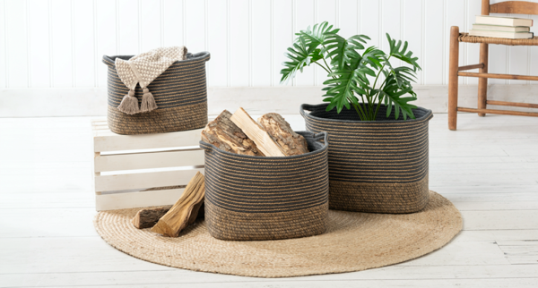 Rectangle Grey & Brown Striped Basket