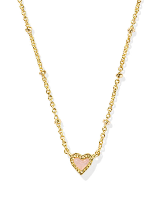 KENDRA SCOTT MINI ARI HEART SATELLITE SHORT PENDANT NECKLACE GOLD ROSE QUARTZ