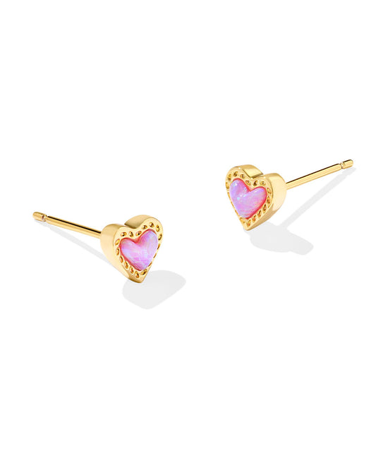 KENDRA SCOTT MINI ARI HEART STUD EARRINGS GOLD BUBBLEGUM PINK KYOCERA OPAL