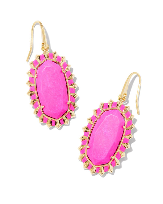 KENDRA SCOTT DANI COLOR BURST FRAME DROP EARRINGS GOLD NEON PINK MAGNESITE