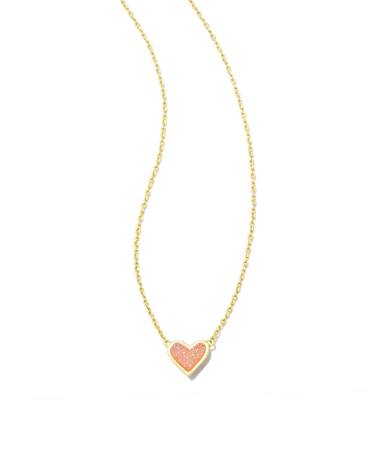 KENDRA SCOTT NECKLACE FRAMED ARI HEART PENDANT GOLD LIGHT PINK DRUSY