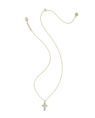 CROSS PENDANT NECKLACE GOLD MATTE LIGHT BLUE DICHROIC GLASS