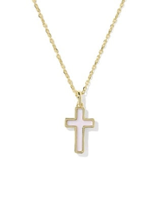 CROSS PENDANT NECKLACE GOLD MATTE BLUSH PINK DICHROIC GLASS