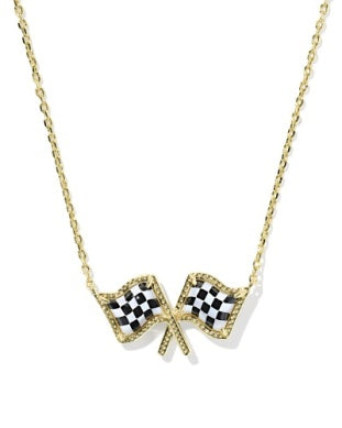 CHECKERED FLAG SHORT PENDANT NECKLACE GOLD WHITE MOTHER OF PEARL