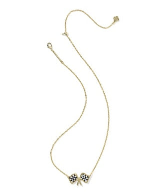 CHECKERED FLAG SHORT PENDANT NECKLACE GOLD WHITE MOTHER OF PEARL