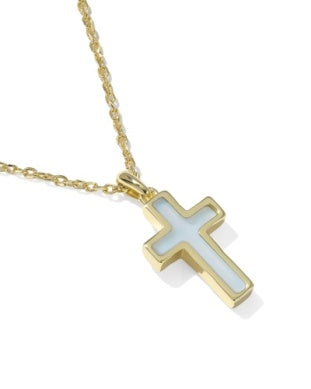 CROSS PENDANT NECKLACE GOLD MATTE LIGHT BLUE DICHROIC GLASS