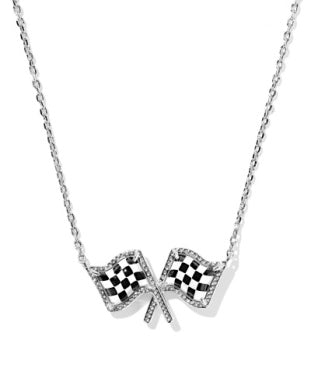 CHECKERED FLAG SHORT PENDANT NECKLACE SILVER WHITE MOTHER OF PEARL