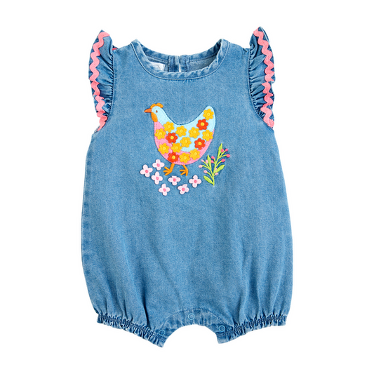 MUDPIE CHICKEN DENIM ROMPER 3-6 MONTHS